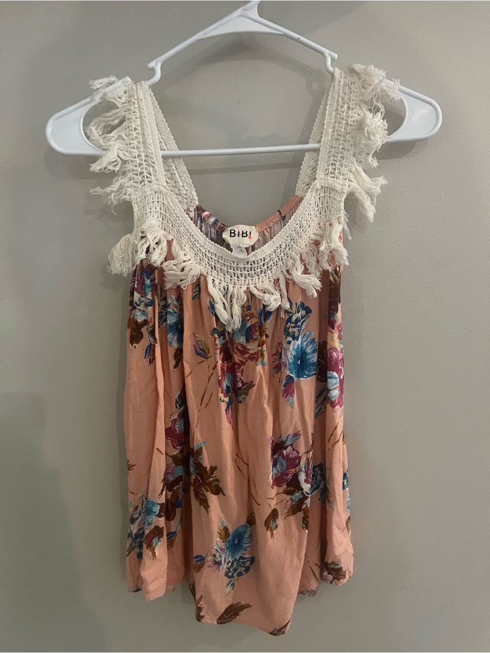 BiBi Peach Floral Crochet-Trim Tank Top
